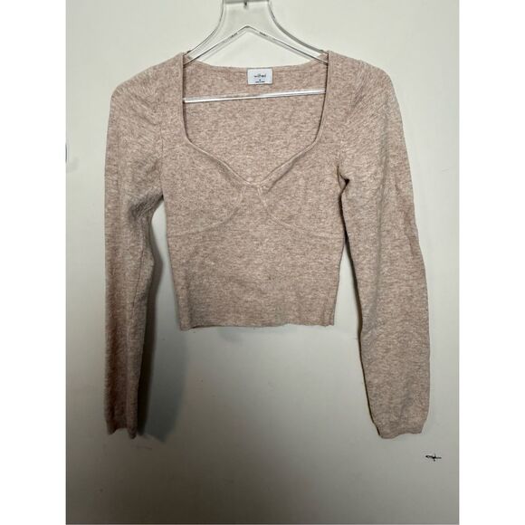 Aritzia Wilfred Greer Sweater Oatmeal Medium Cashmere Blend Y2K Cropped - Picture 1 of 5